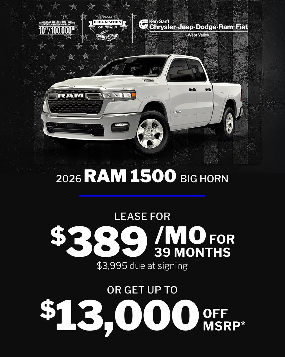 KGWestValleyCJD's tweet photo. Drive the 2026 RAM 1500 Big Horn! 🔥 Lease for just $389/month for 39 months with $3,995 down or snag up to $13,000 off MSRP*!

Shop now: https://t.co/BLRFFYLFMr

*See dealer for details. Offer Expires 5/31/2026. https://t.co/CbZkpRdPro