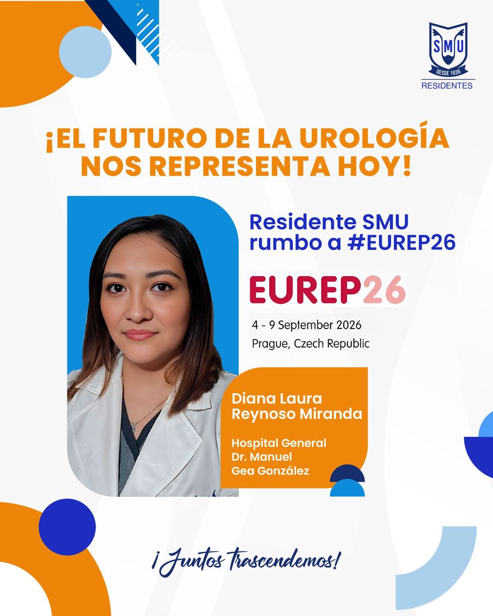 Residentes_SMU's tweet photo. Con orgullo anunciamos a la residente que representará a la Sociedad Mexicana de Urología en #EUREP26, uno de los encuentros académicos más relevantes a nivel internacional para la formación en urología.

Le deseamos el mayor de los éxitos:
👩🏻‍⚕️ Dra. Diana Laura Reynoso Miranda
🏥 Hospital General “Dr. Manuel Gea González”

Esta experiencia fortalecerá su desarrollo profesional y representará dignamente a México en el ámbito internacional. ¡Enhorabuena por este gran logro! 🇲🇽✨

#SMU26 #ResidentesSMU #JuntosTrascendemos #Urología
