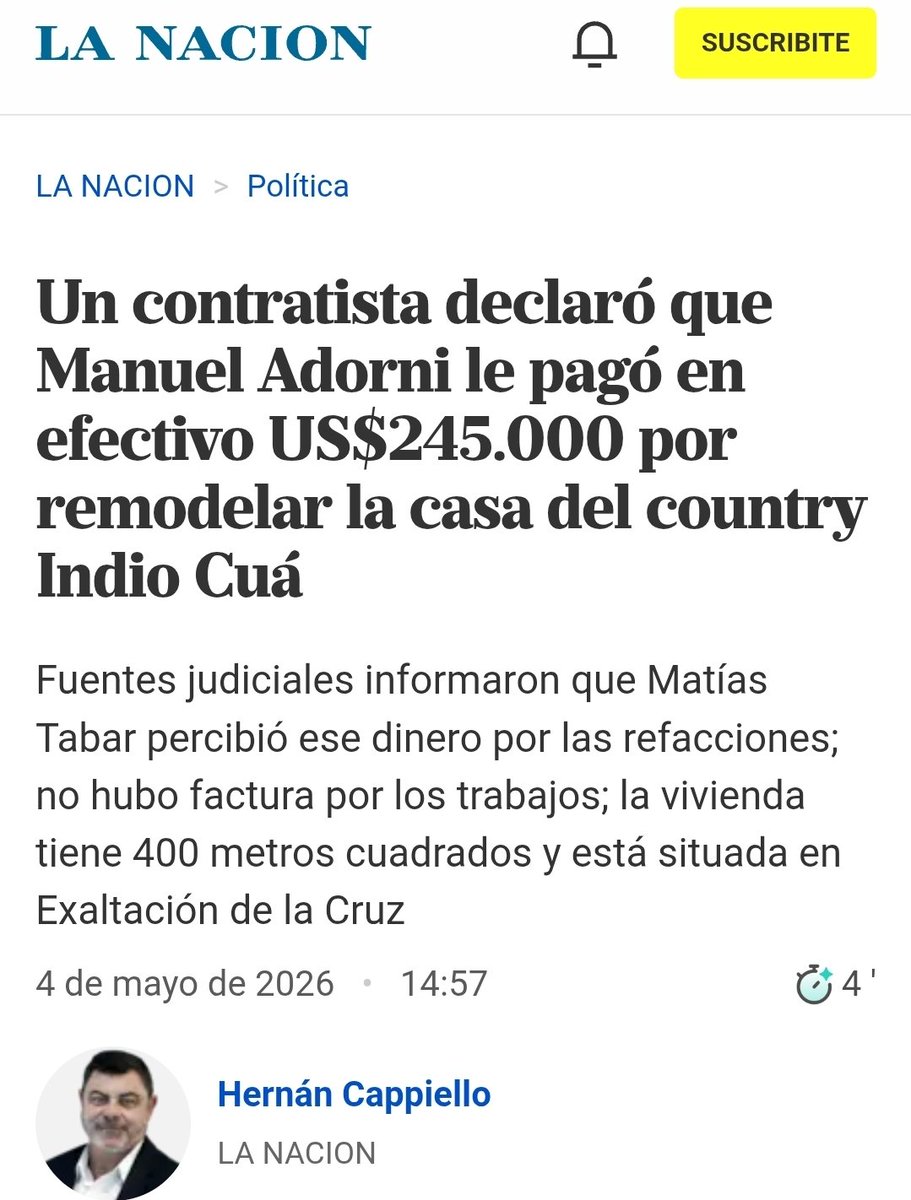 Contratista declaró ante la Justicia que Adorni le pagó U$S 245.000 en efectivo para refaccionar su casa en Indio Cuá. Fue tal el impacto de la declaración que la Fiscalía la filmó y llamó al abogado del funcionario.
Esto ya es insostenible. Si Milei no lo echa, queda claro que