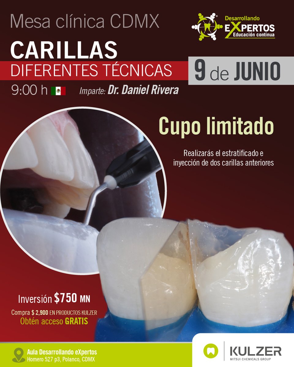 kulzermexico's tweet photo. Te invitamos a nuestra mesa clínica: Carillas: diferentes técnicas, 🦷 un curso diseñado para que domines las técnicas de composite de alta gama.

📅 Fecha: 9 de junio 📍 Lugar: Kulzer CdMx

🔗 https://t.co/x7R6EdWK4F 

#SomosKulzer #Kulzer 🦷💚 #DesarrollandoeXpertos https://t.co/oRQHPpHyNq