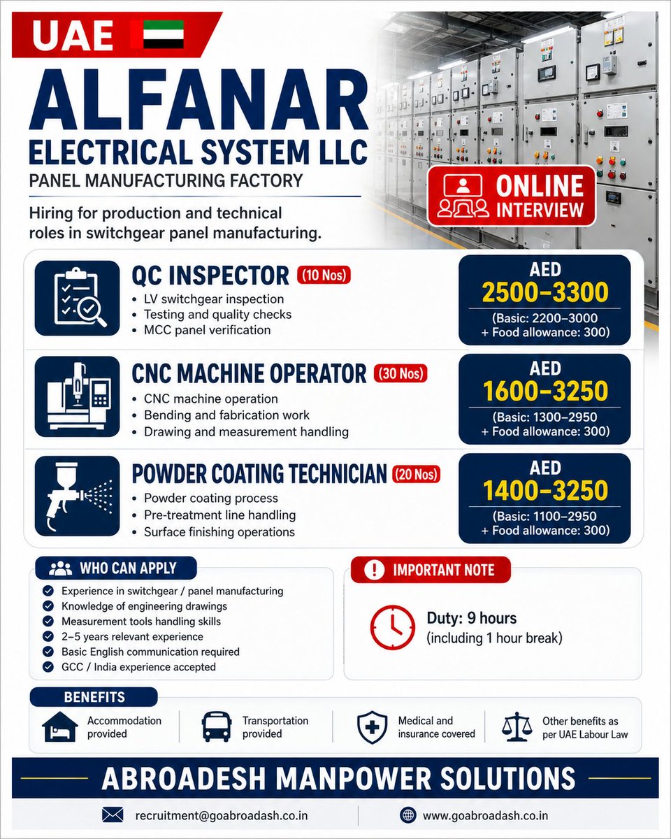 GoAbroadash's tweet image. 🇦🇪 UAE Alfanar Hiring  
Roles: QC Inspector | CNC Operator | Powder Coating Technician  
Salary AED 1400–3300 | Online Interview  
Accommodation + Transport + Medical/Insurance provided  
📲 +91 8451984748  
📩 recruitment@goabroadash.co.in  
#UAEJobs #PanelManufacturing