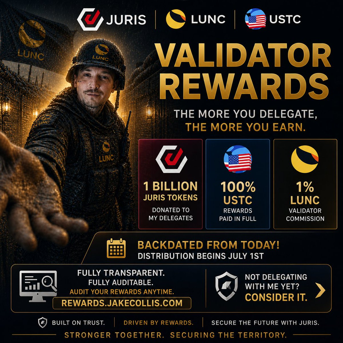 HappyCatKripto's tweet photo. I've decided to donate 1B Juris tokens to my delegates in a new program, alongside my 100% USTC rewards, and 1% LUNC validator commission. 

Backdated from today, with distribution beginning July.

My Validator is Happycattycrypto 👊🏼✊🏼 https://t.co/bAVSMv36yt