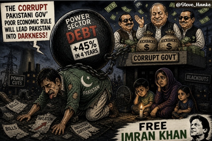 steve_hanke's tweet photo. #PAKWatch🇵🇰: The Pakistani Power Sector's debt has increased 45% in the last 4 years.

PAK = ECONOMIC MISMANAGEMENT = PLUNGES INTO DARKNESS.

FREE IMRAN KHAN. https://t.co/c9mAPd9Ivg