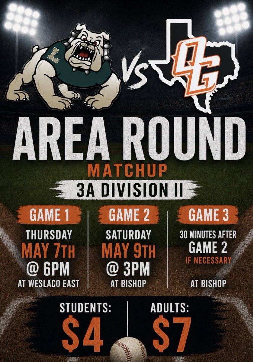 OG_Baseball25's tweet photo. Orange Grove Bulldogs vs Lyford Bulldogs 

Area Round playoff information!

@ChrisThomasson7 @LarissaLiska @3ATxHsBaseball @SouthTexasHigh1 @CallerSports https://t.co/5UseKhsnQ3