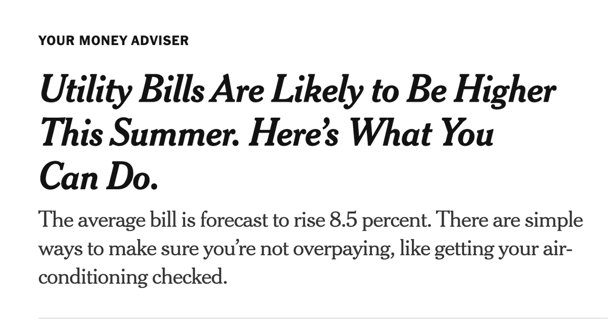 StrikeDebt's tweet photo. AI data centers are putting strain on electric grids— forcing your bills to skyrocket.

The average electricity bill this summer is projected to rise by nearly 9% to $778.

The NYT says to help keep your utility bill low, people should "use fans" to cool down. Can't make this up. https://t.co/gAIfjS6Y4k