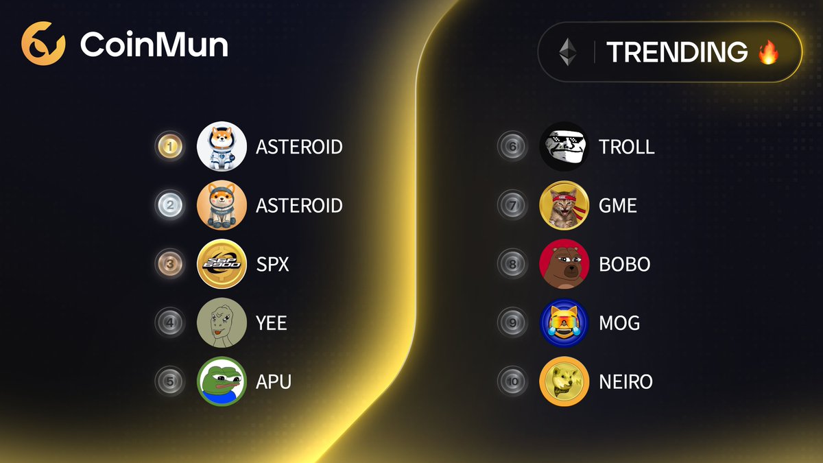 coinmun's tweet image. 🔥 Top 10 Trending #CoinMun #Ethereum 🔥 

🥇 $ASTEROID @MascotAsteroid 
🥈 $ASTEROID @AsteroidCoinOG 
🥉 $SPX @spx6900 
4️⃣ $YEE @YeeErc20 
5️⃣ $APU @apuscoin 
6️⃣ $TROLL 
7️⃣ $GME @GmeEthereum 
8️⃣ $BOBO @bobocouncil 
9️⃣ $MOG @mogcoin 
🔟 $NEIRO @neiro 

⚡️ coinmun.com/categories/eth…