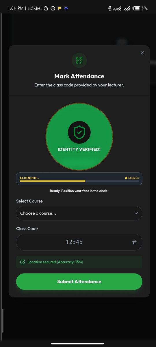 TomiDaWebDev's tweet photo. Today’s win: real time browser auth flow.
After face scan + liveness check + descriptor match

🟢 Camera stream freezes
🛡️ Green fills the viewfinder
✅ "Identity Verified!" appears  
🔓 Submit button unlocks
Felt too clean. Had to say “let’s go” 😭
#javascript #ux #buildinpublic https://t.co/rrCneybamG