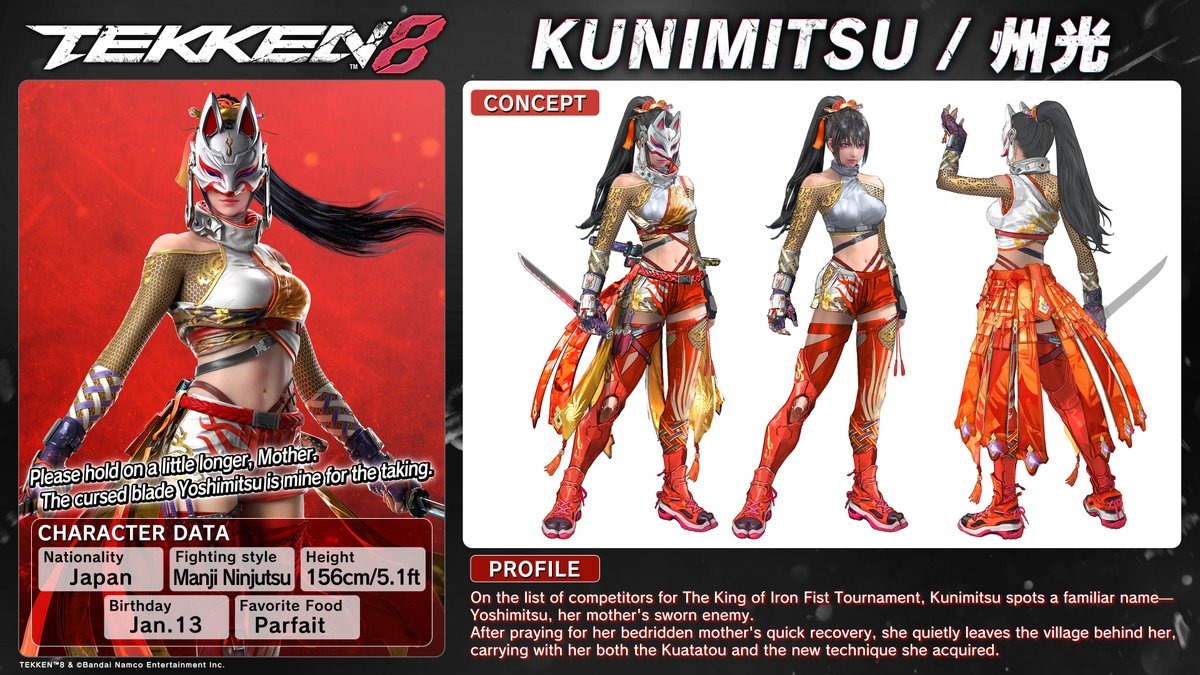 🤜#TEKKEN8 Season 3 ◤ Kunimitsu ◢
Early Access Starts May 28

With her sights set on the Cursed Blade Yoshimitsu, Kunimitsu joins the fray in TEKKEN 8 🥷

Plus, concept art for Costume 1 🎨 Fanart and cosplay creations are welcome!

Check the thread for more profile details👇