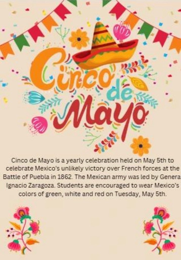 BmsCcisd's tweet photo. Baker Broncs: let's join our IB PYP partners and wear red, green and white in honor of the Mexican flag on Tuesday, May 5 to celebrate Cinco de Mayo! 🎊 https://t.co/pZLGhT7CGd