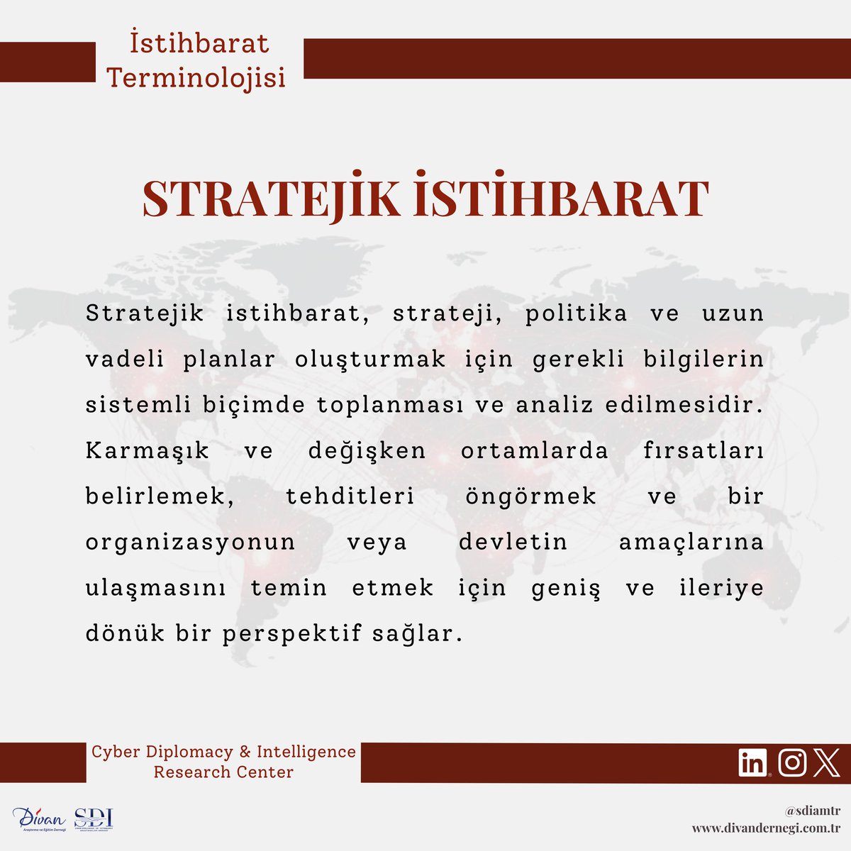 sdiam_tr's tweet photo. 📚 İstihbarat Terminolojisi serimizin sıradaki kelimesi 'Stratejik İstihbarat'.
~
🔎 The next word in our series on Intelligence Terminology is 'Strategic Intelligence'.
#StrategicIntelligence #ShermanKent #IntelligenceTerminology #DivanDernegi #sdiam https://t.co/zsliYf9a9v