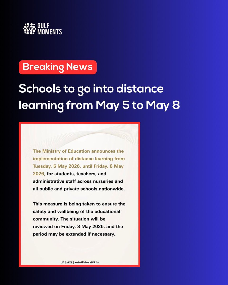 Gulf_Moments's tweet image. Schools across the UAE are shifting to distance learning from May 5 to May 8, as the Ministry of Education prioritizes the safety and wellbeing of students, teachers, and staff. The situation will be reviewed on May 8, with a possible extension if needed.

#UAE #Schools #Online