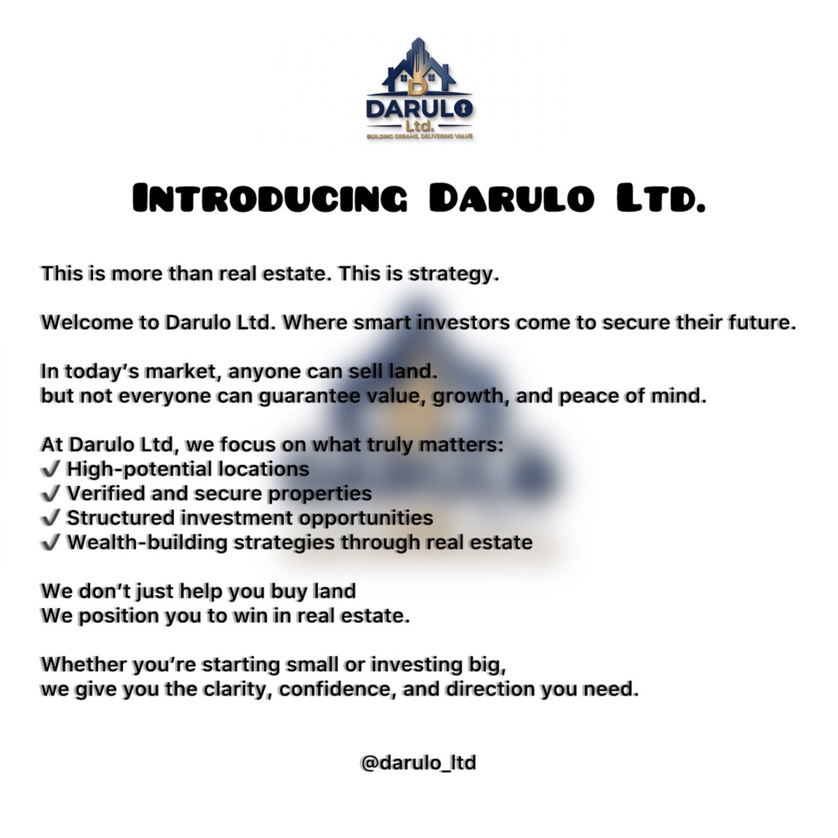 Darulo_ltd's tweet photo. Welcome to Darulo Ltd.
Where smart decisions meet real opportunities.
#DaruloLtd #RealEstateStrategy https://t.co/7ANvLDMnZn