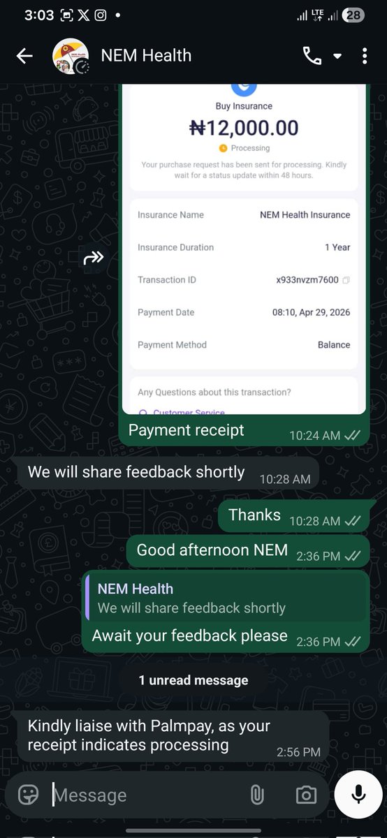 Ladels2's tweet photo. @palmpay_ng @Jennnyyyyyy @palmpay_ng please explain to me how a single transaction have 3 different comment (completed at your end, processing at my end and not found at NEM)
@palmpay_ng please refund my money for the health plan https://t.co/ASNnbXAx6h