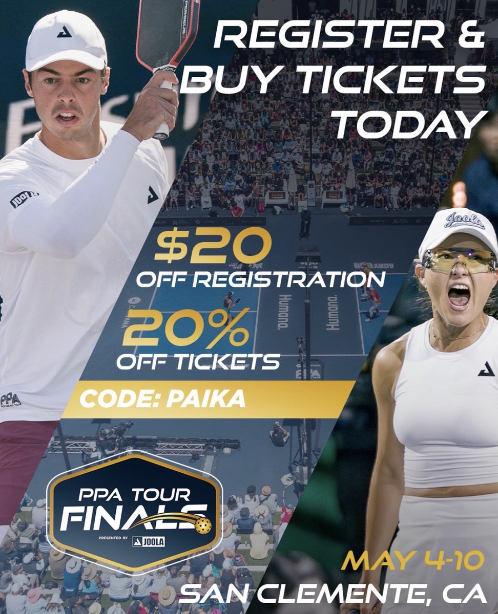 Paikasports's tweet image. PPA Finals start today 🏆🔥

If you’re heading to San Clemente this week, don’t miss your chance to watch the best compete live. Use code "PAIKA" for 20% off tickets 🎟️

🔗Link in comments

#PPA #Pickleball #PPAFinals