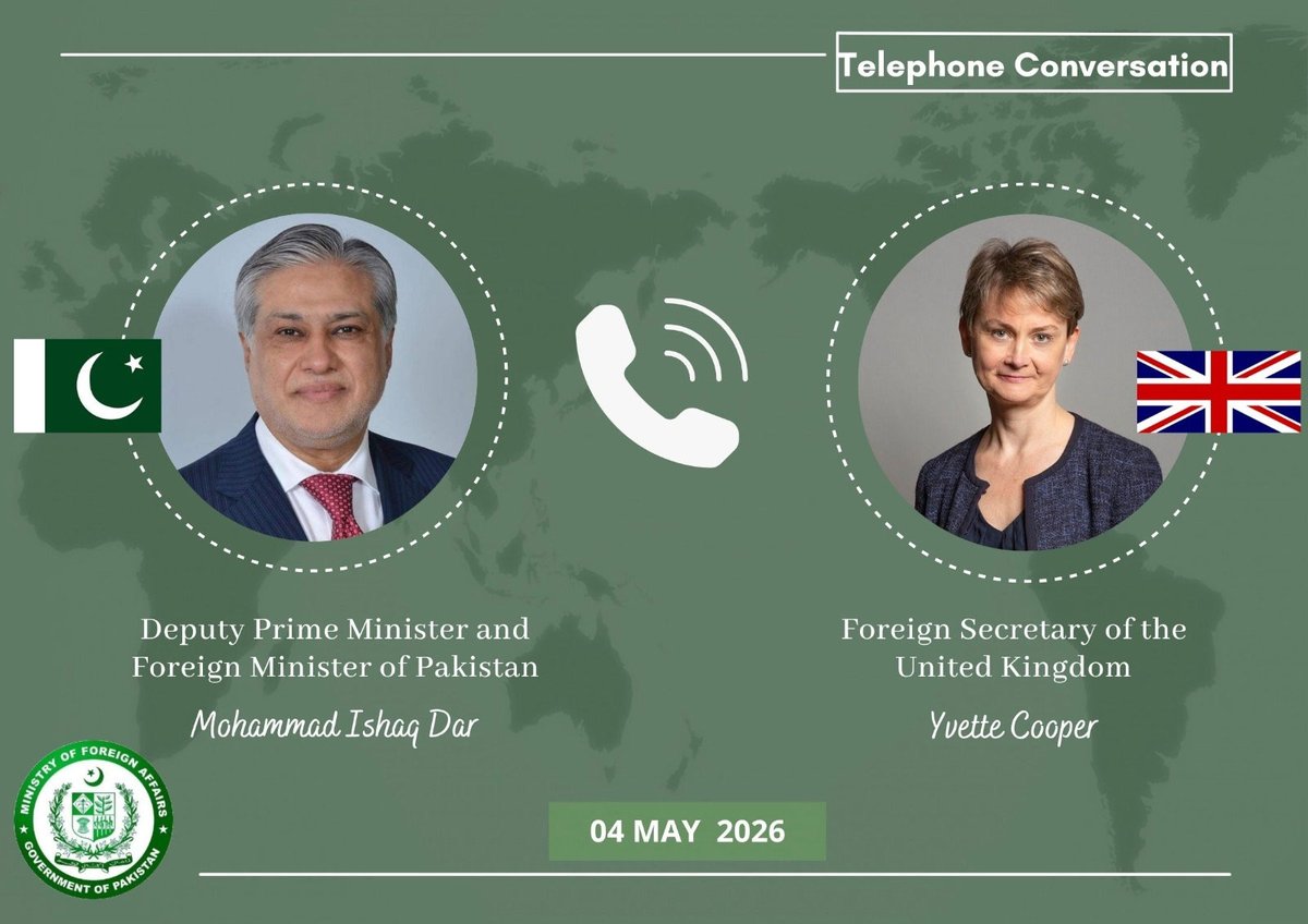 RadioPakistan's tweet image. Deputy Prime Minister and Foreign Minister, Senator @MIshaqDar50, spoke with UK Foreign Secretary Yvette Cooper on telephone today, and exchanged views on evolving regional developments
@ForeignOfficePk @YvetteCooperMP 
#RadioPakistan #News 
radio.gov.pk/04-05-2026/dpm…