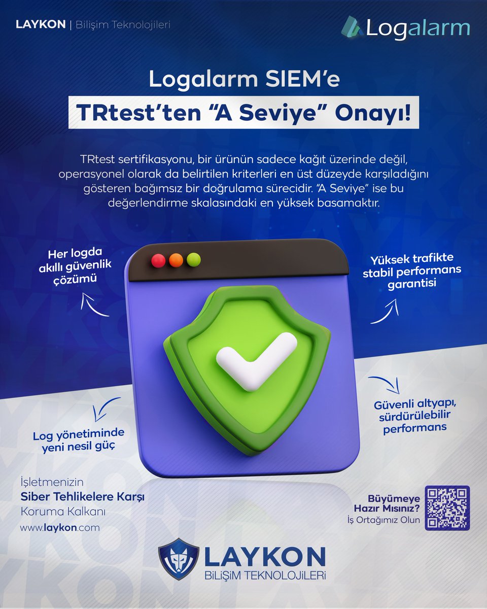 LaykonBilisim's tweet photo. Logalarm SIEM, TRtest’ten “A Seviye” sertifika aldı. Üst düzey güvenilirlik, performans ve yerli standartlara tam uyumla siber güvenlikte fark yaratıyor.

Logalarm ile Veriniz Güvende, Geleceğiniz Aydınlık!

#laykonbilisim #logalarm #siberguvenlik #verigüvenliği https://t.co/0zjklOQzDs