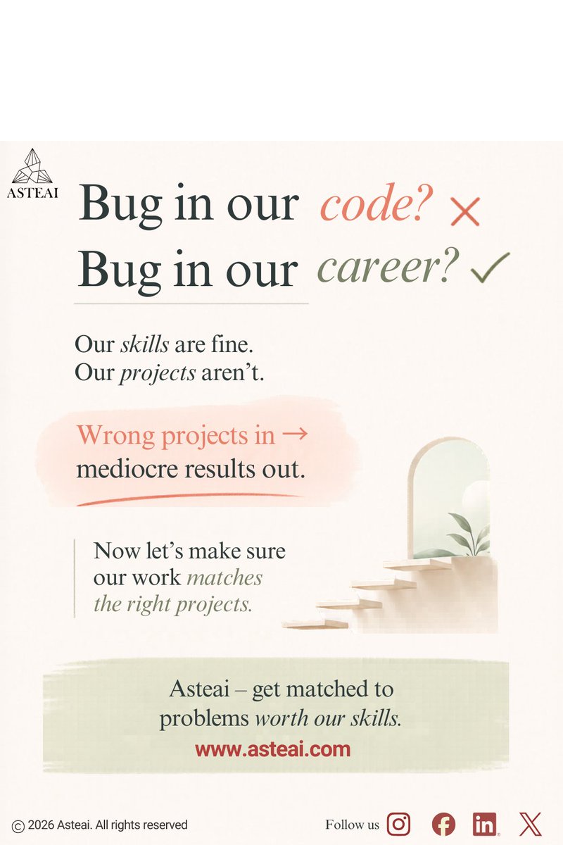 AsteAiAsteAi's tweet image. Not under-skilled. Just underused. Fix the projects, not the potential. Work on problems that match your expertise. 🚀 asteai.com #AIExperts #Freelancers #Asteai #BuildInPublic #DeepTech #AIJobs