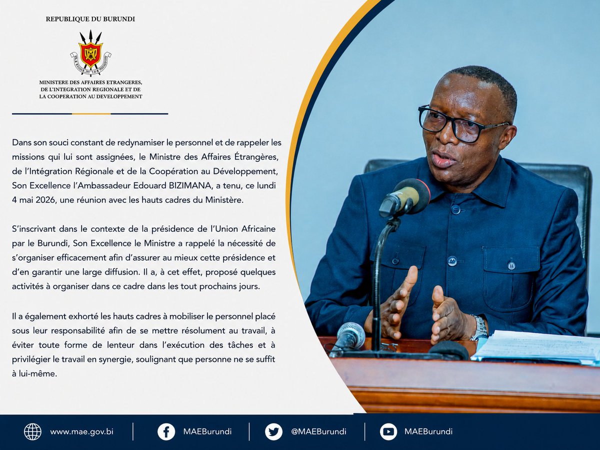 MAEBurundi's tweet photo. Son Excellence l’Ambassadeur Édouard BIZIMANA, rencontre les hauts cadres du MAEIRCD @BurundiGov @Edbiziman @UN_Burundi @NtareHouse @RTNBurundi @Gatoni_RG @Sonitu6 https://t.co/CbTX3wKEMV