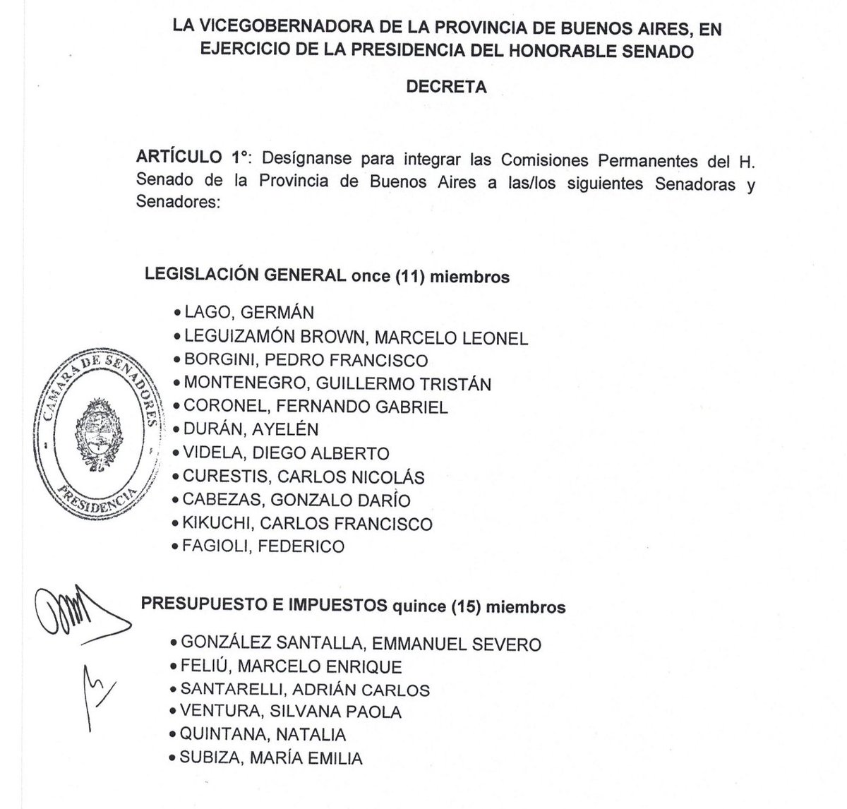 JuanRubinacci's tweet image. 📝Salió el decreto con los nombres para las comisiones del Senado bonaerense 

➥ Legislación General: Germán Lago (MDF)
➥Presupuesto e Impuestos: Emmanuel González Santalla (LC)
➥Asuntos Constitucionales y Acuerdos: Malena Galmarini (FR)

Las tres fuerzas más importantes del