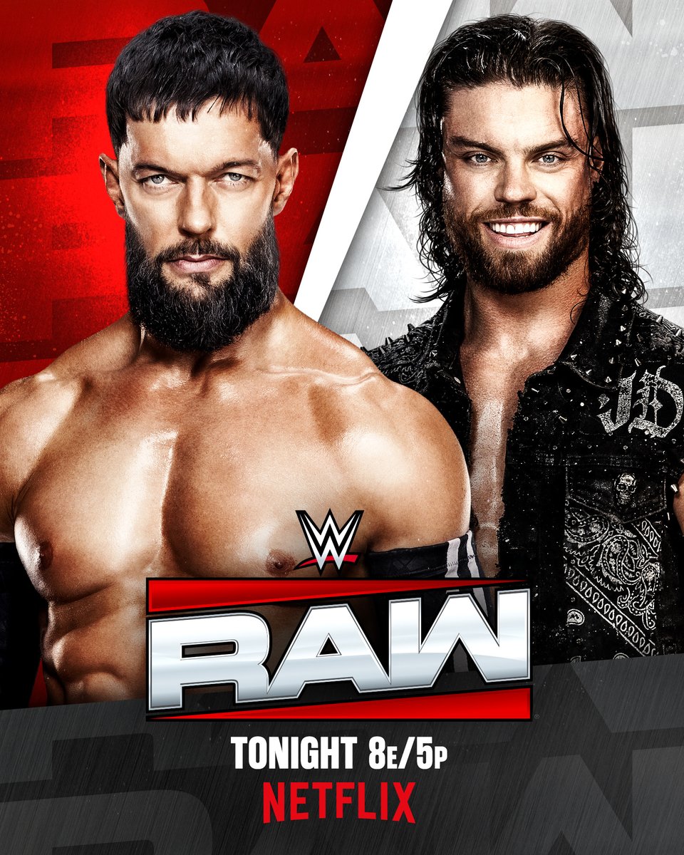 WWE's tweet image. .@FinnBalor looks to end his former protege @jd_mcdonagh once and for all TONIGHT on #WWERaw!

📍: Omaha, NE
🎟️: bit.ly/4cY7bDq
📺: 8 ET/5 PT on @netflix
