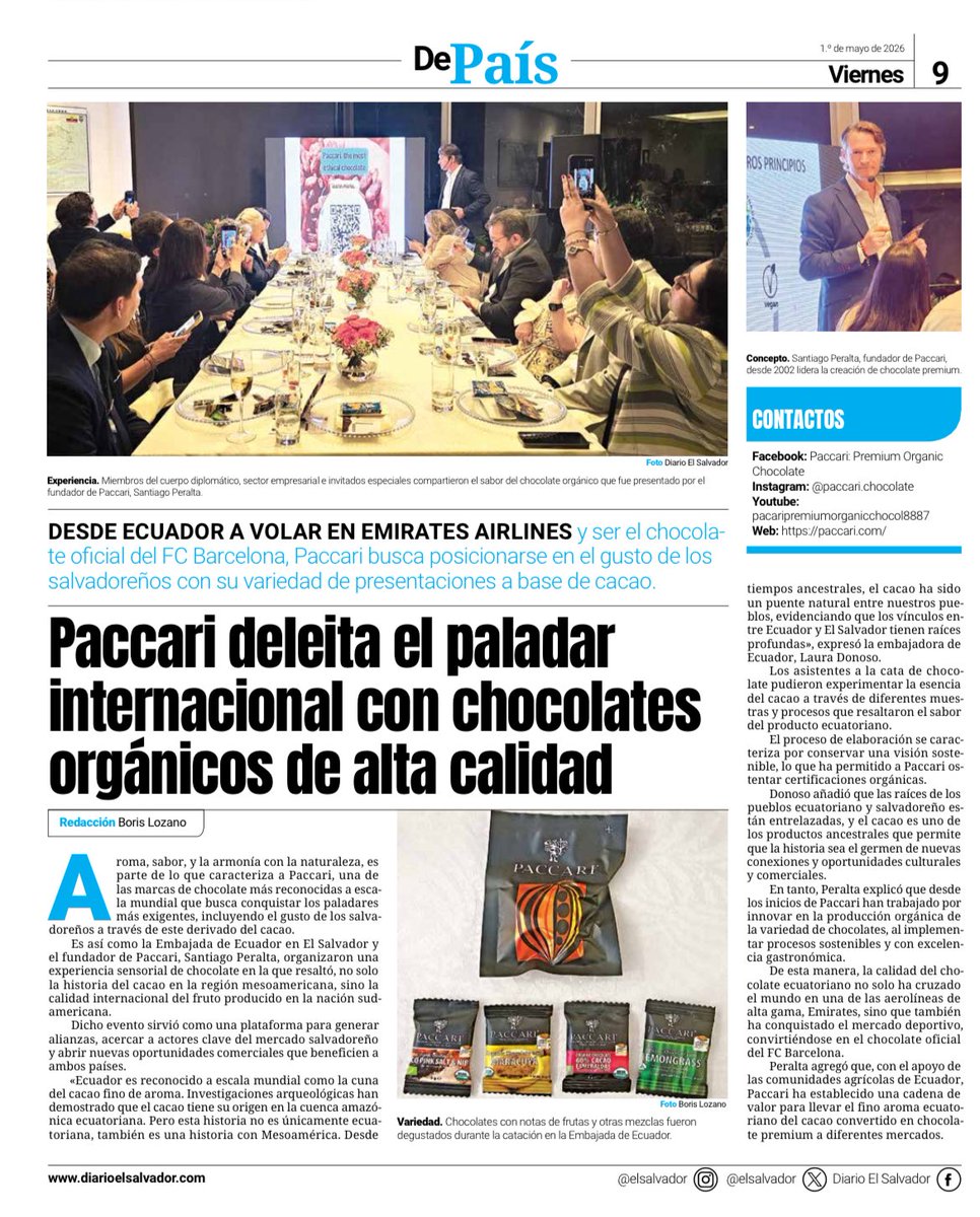 EmbajadaECUSV's tweet photo. 🍫🇪🇨🇸🇻 Ecuador en la prensa salvadoreña

@diarioelsalvador destaca el cacao de Palanda, el chocolate ecuatoriano y la experiencia con @paccari.chocolate @santiagoperaltapaccari 🤝

🔗 https://t.co/Or18cqmPhM
🔗 https://t.co/FbIN9WBTuE https://t.co/sYvpmEOOyK