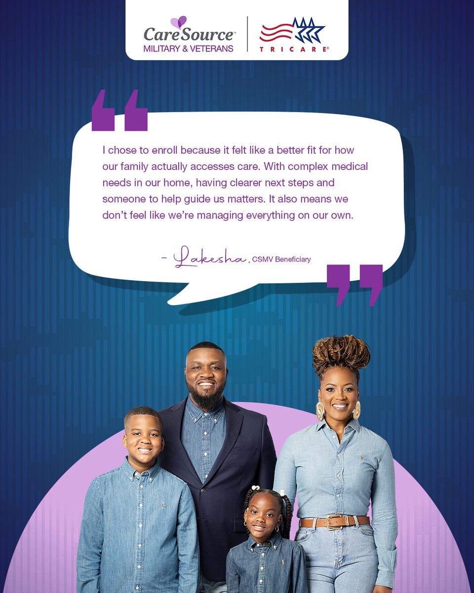 CS_Military's tweet photo. Lakesha shares her CareSource Military & Veterans™ enrollment story. 

“I chose to enroll because it felt like a better fit for how our family accesses health care. With complex medical needs in our home, having someone to help guide us really matters.” 

She still has the TRICARE ® coverage her family trusts. When care brings clarity and connection, it makes a real difference. 💜 

#CSMV #CareSourceMilitary #CareSourceVeterans #ConnectedCare