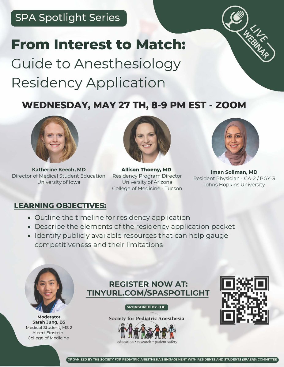 PediAnesthesia's tweet photo. The next SPA Spotlight Series is approaching quickly ⌛

Join us on May 27 at 8:00 PM ET for
"From Interest to Match: A Guide to Anesthesiology Residency Application"

Register today ⤵️
https://t.co/66ltSSLYMa

#SPA2026 #anesthesiology #anesthesia #pediatric #medicaleducation https://t.co/NVEMQsTntx