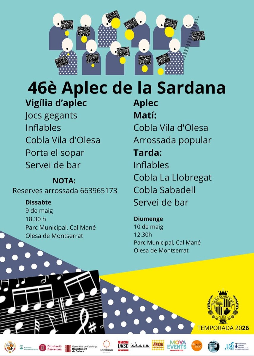 AjuntamentOlesa's tweet image. 🔴 APLEC DE LA SARDANA 

#Olesa Sardanista organitza el cap de setmana del 9 i 10 de maig la 46a edició de l'Aplec de la Sardana:

📆 Dissabte, a partir de les 18.30 h:
🎳 Jocs gegants i inflables
🎶 Ballada de sardanes amb la Cobla Vila d'Olesa
🍽️ Sopar popular amb servei de bar