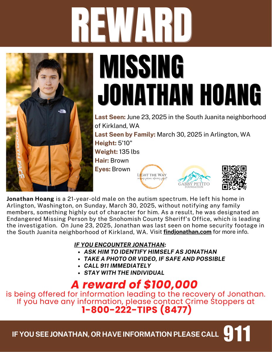 LightTheWay22's tweet image. It is #MissingPosterMonday and we are encouraging you to share #JonathanHoang’s flyer to help keep his case visible! #Washington #Missing #Reward #MondayMotivation