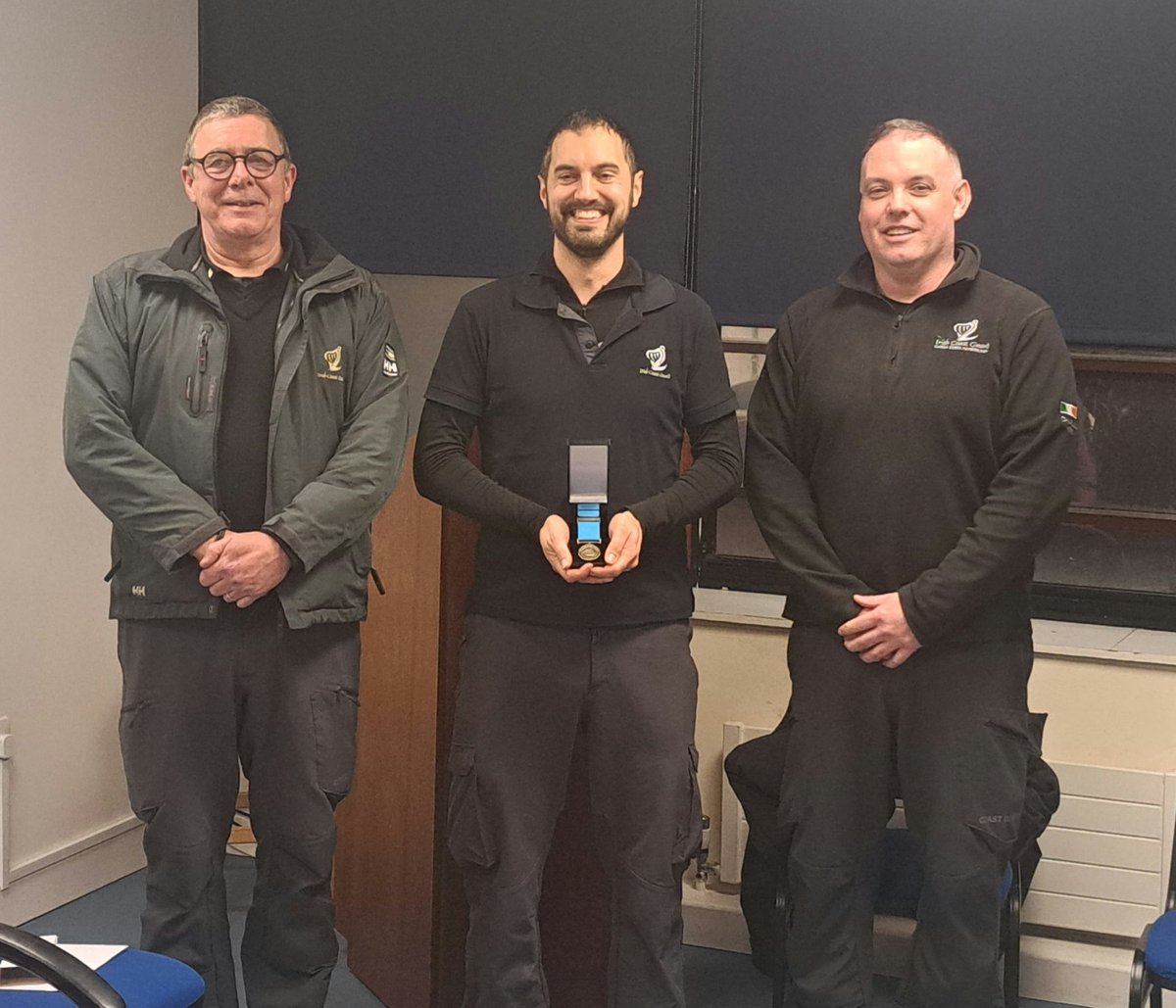 DLCoastGuard's tweet photo. A big congratulations to Andy, a member of the Dun Laoghaire team, receiving his 10 year service medal earlier this year. 

Pictured with Andy is James Larkin (Coast Unit Sector Manager) and Graham Charles (OIC, Dun Laoghaire). https://t.co/iyms6bTIGt