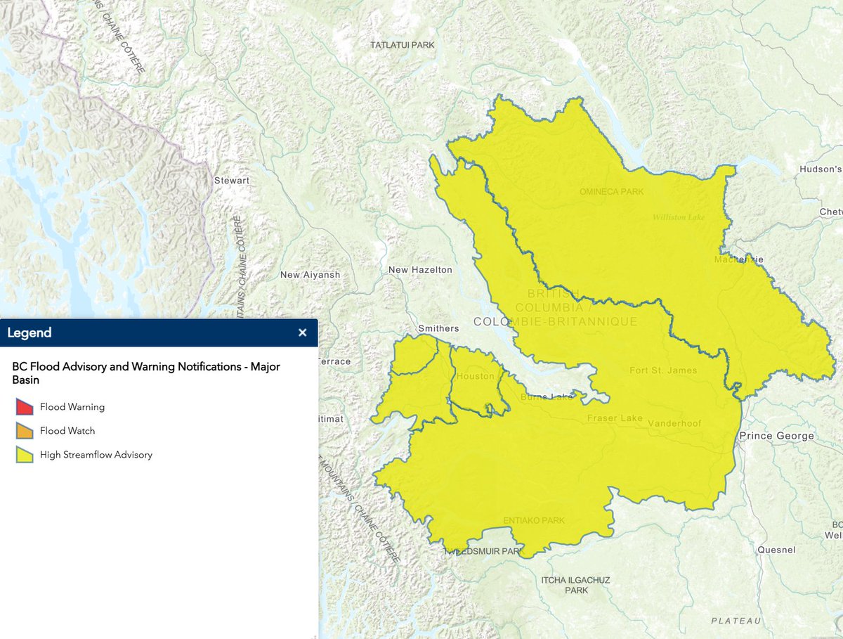 EmergencyInfoBC's tweet photo. The #BC River Forecast Centre has issued a High Streamflow Advisory for areas of the northern Interior, including:
· the Bulkley River & tributaries around #Smithers & #HoustonBC;
· the Lakes Region & tributary rivers around #BurnsLake, #FraserLake, #FortStJames & surrounding areas;
· Omineca including tributaries between #PrinceGeorge & #MackenzieBC.

Stay clear of fast-flowing rivers & potentially unstable riverbanks. More info: https://t.co/W87tVOtUlp
#BCFlood