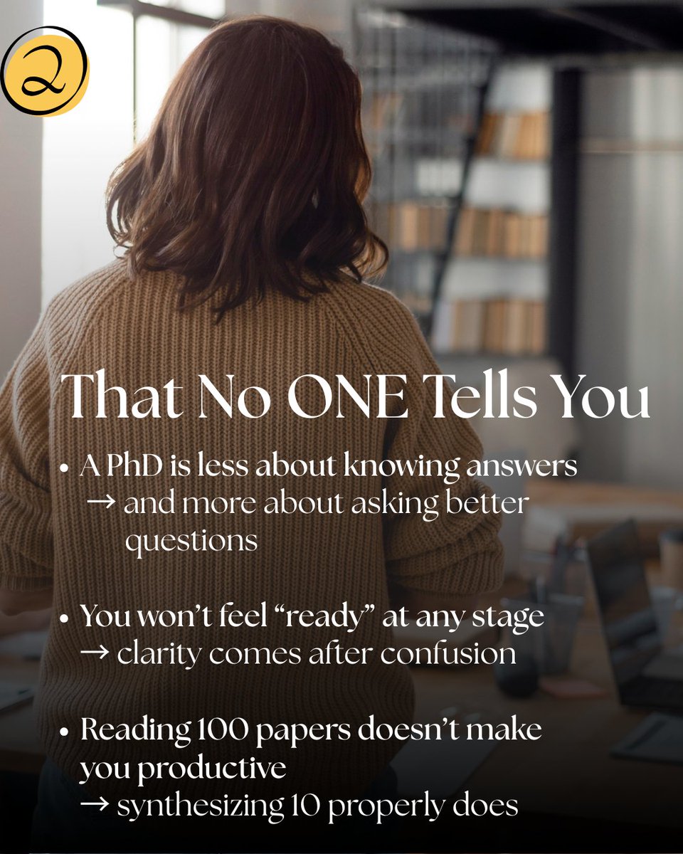 thephdcoach's tweet image. People think a PhD is about intelligence, It is not
It's about consistency, clarity &amp;amp; thinking under uncertainty,You will feel stuck, You will doubt your work
That is not failure, That is the process
Progress = small, repeated intellectual wins
#PhD #Research #AcademicWriting