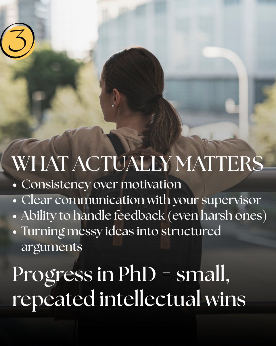 thephdcoach's tweet image. People think a PhD is about intelligence, It is not
It's about consistency, clarity &amp;amp; thinking under uncertainty,You will feel stuck, You will doubt your work
That is not failure, That is the process
Progress = small, repeated intellectual wins
#PhD #Research #AcademicWriting