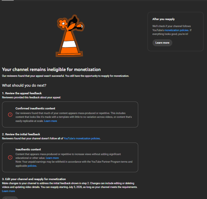 away_nite's tweet photo. My Channel was demonetized since 6. April.2026 exactly 1 month after creation and hasnt been restored yet since that happenend my head is burning i dont know what else i can do i did nothing wrong and my mental health is paying the price i didnt even got my money so i am begging you youtube please restore my channel check my appeal videos they are unlisted on my channel

I have spent over a month reaching out via Twitter, but I only receive automated, copy-paste replies. I am not looking for a bot response—I am asking for a fair human review so I can understand exactly what is wrong and fix it.

My Core Concerns:

Specific Guidance vs. Guesswork: Many creators delete hundreds of videos in desperation and still fail re-monetization because the root cause was never explained. If I don't know the exact issue, I cannot guarantee a fix after the 90-day waiting period.

Consistency in Policy: Many larger creators in my niche upload similar content multiple times a day without issue. This inconsistency makes it impossible to understand where the line is drawn.

I am more than willing to adapt my content to follow all guidelines, but I need to know the specific problem. Please, @TeamYouTube, @YouTube, @YouTubeCreators, @YouTubeGaming, @Google help me save my livelihood by providing a clear explanation of what needs to change on my channel: Huggy & Poppy Roblox - YouTube

When I look at my niche many bigger creators are doing similar content and are still monetized even uploading 5-10 videos a day without any issue. That’s why I’m confused about what the actual problem is in my case.

My Views dropped a little too because my motivation got destroyed so please restore the channel i atleast want my payout. i got demonetized even tho i didnt changed anything since i was accepted i literally did nothing wrong i am begging you team youtube.

Everyone who sees that please help me by sharing, liking or whatever the post so youtube see it thanks!