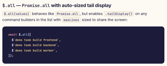 DavidSherret's tweet photo. The latest version of dax (https://t.co/FN47KnnbCf) can show a scrolling view of the last N lines when executing a command. This is especially useful when running multiple commands in parallel. https://t.co/bY1AwWlVIj