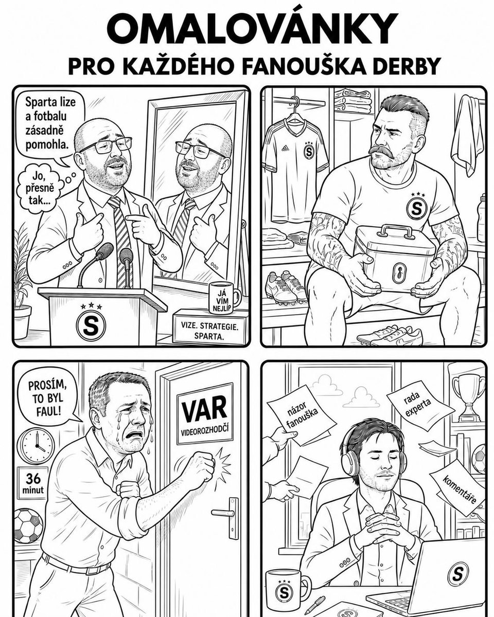 KCimrman43338's tweet photo. Ve Spartě si uvědomujeme, že vyrovnané finále letošního ročníku je nápor pro vaše nervy a psychiku! Ještě, když nám rozhodčí, i přes opakovaná děkování, neustále škodí a některé teamy ani nechtějí hrát fotbal!
Odpočiňte si tak do derby alespoň u antistresových omalovánek!
💙💛❤️ https://t.co/A3l7j2MXWw