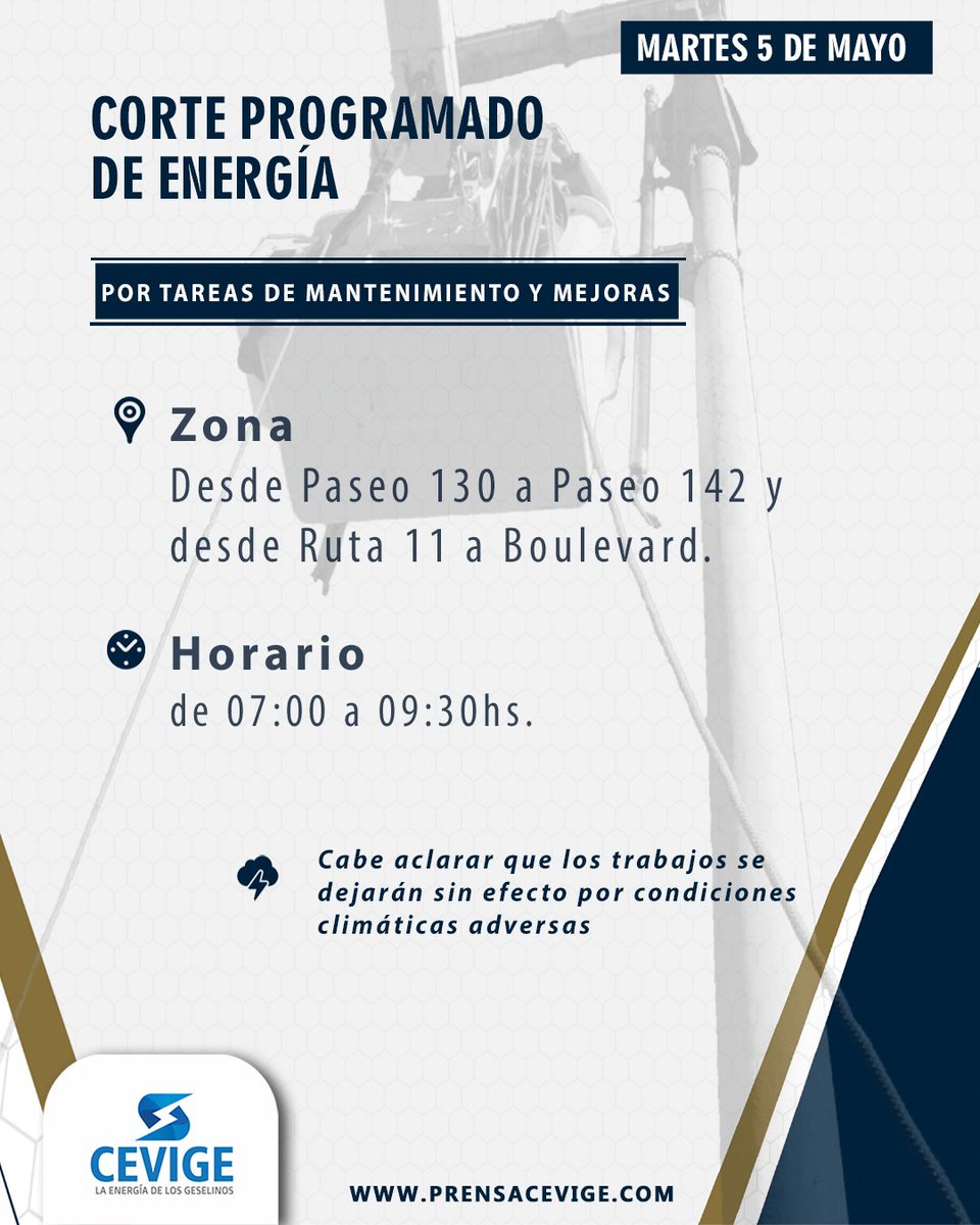 Corte programado para el 05/05/2026 💡🔧🔩

#Corteprogramado #Cevige #Electricidad #Mantenimiento #Energía