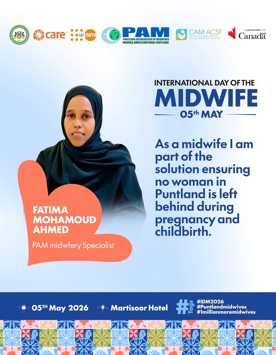 PAMidwives's tweet photo. Happy International Day of the Midwife💙

At PAM, we are proud to stand with midwives who work tirelessly to ensure no woman in Puntland is left behind during pregnancy and childbirth.

#1millionmoremidwives
#IDM2026
#puntlandmidwives https://t.co/PvSEAlBfJq
