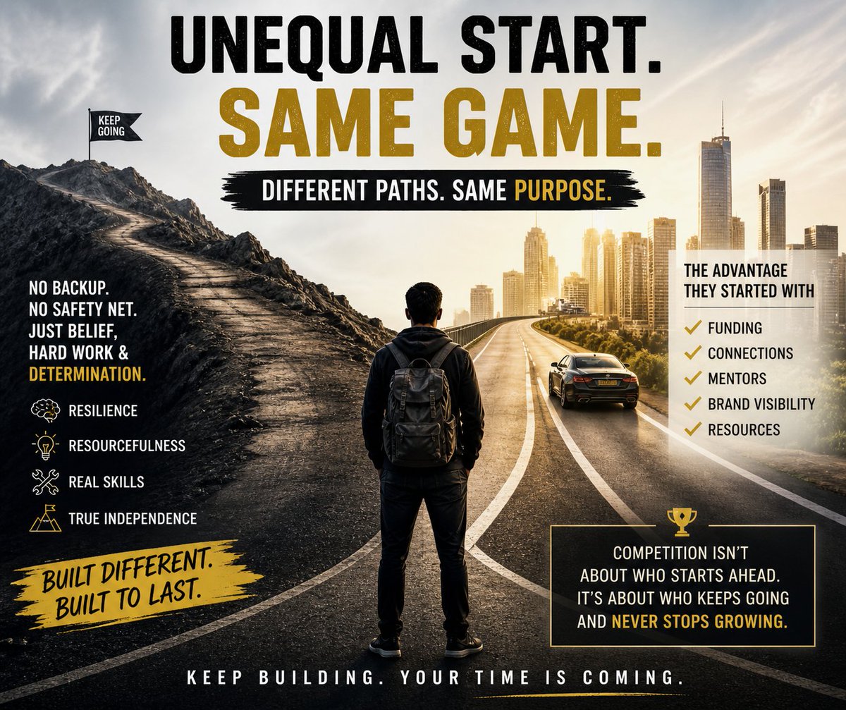 Bigroydawn's tweet image. Unequal start. Same game.

Some have funding, connections, and visibility.
Others have nothing but grit and belief.

But here’s the truth:
Starting with less forces you to build more.

Resilience. Skill. Independence.

And that becomes the real advantage.

Keep building.

#Build