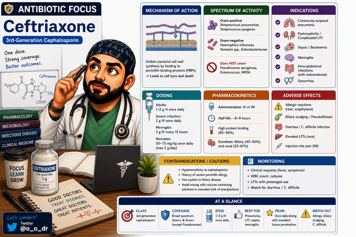 o_o_dr's tweet image. Ceftriaxone 💉

🔵 3rd-gen cephalosporin
🔵 Once daily dosing
🔵 Covers: pneumonia, UTI, sepsis, meningitis

⚠️ Watch: allergy, biliary sludging, diarrhea

🧠 One line:
Broad IV antibiotic, strong coverage, easy dosing

#MedTwitter #IMBoards #Antibiotics #SMLE