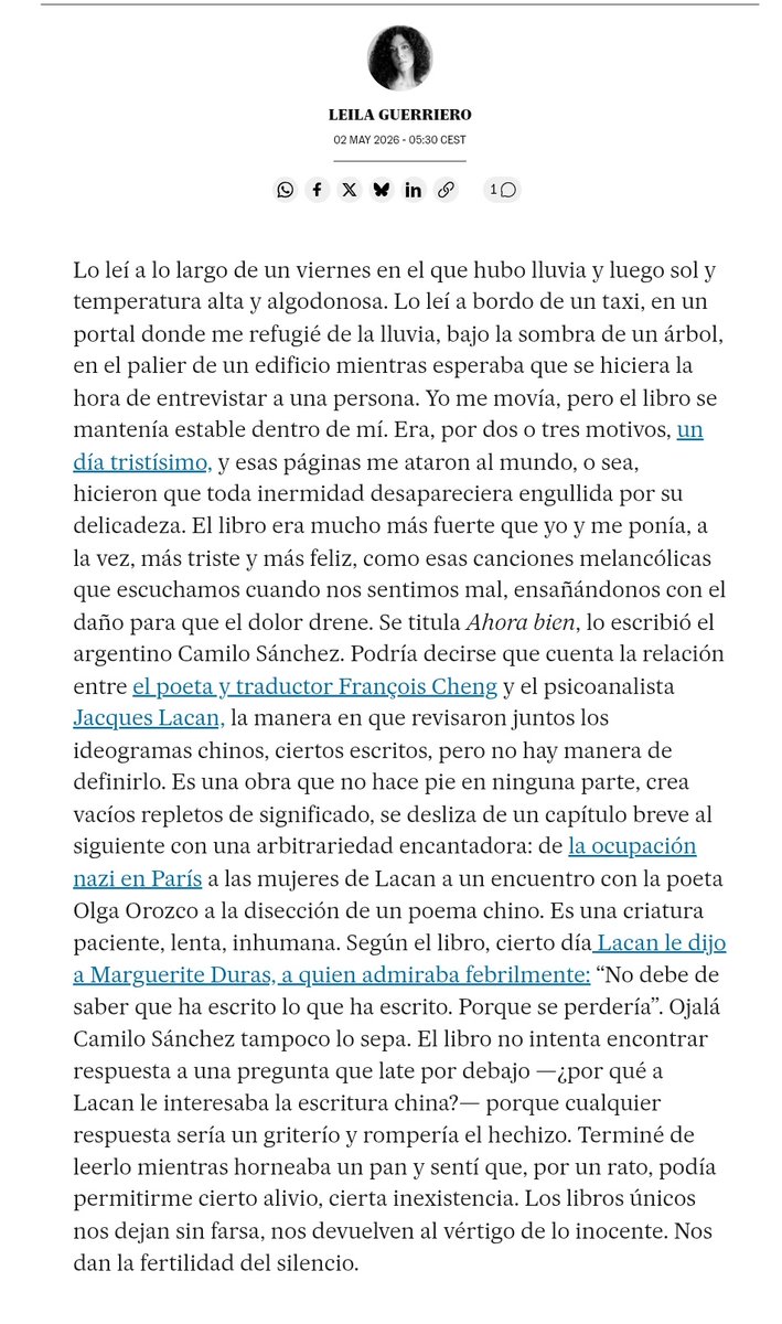 toneta's tweet photo. Espléndido artículo de Leila Guerriero sobre "Ahora bien" de Camilo Sánchez, un libro que alberga una conversación literaria entre el poeta François Cheng y el psicoanalista Jacques Lacan (París 1969-1977). https://t.co/6XyBEL9AFX