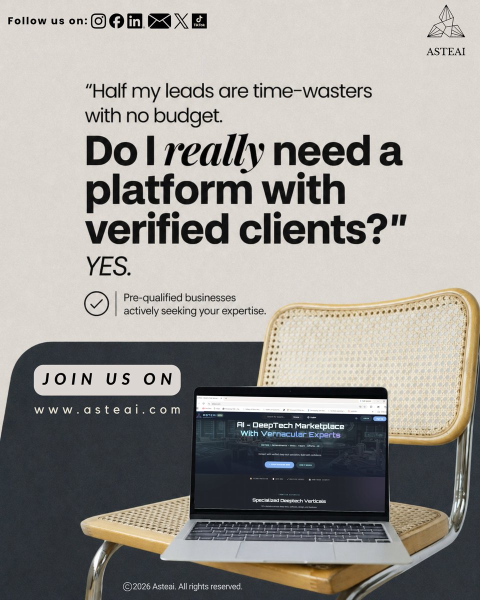 AsteAiAsteAi's tweet image. Half your leads aren’t serious.
 Why waste time chasing the wrong clients?
Get access to pre-qualified businesses that are ready to work with you.
Stop guessing. Start closing.
👉 Join now: asteai.com
#AsteAI #Freelancers #VerifiedClients #LeadGeneration #DeepTech