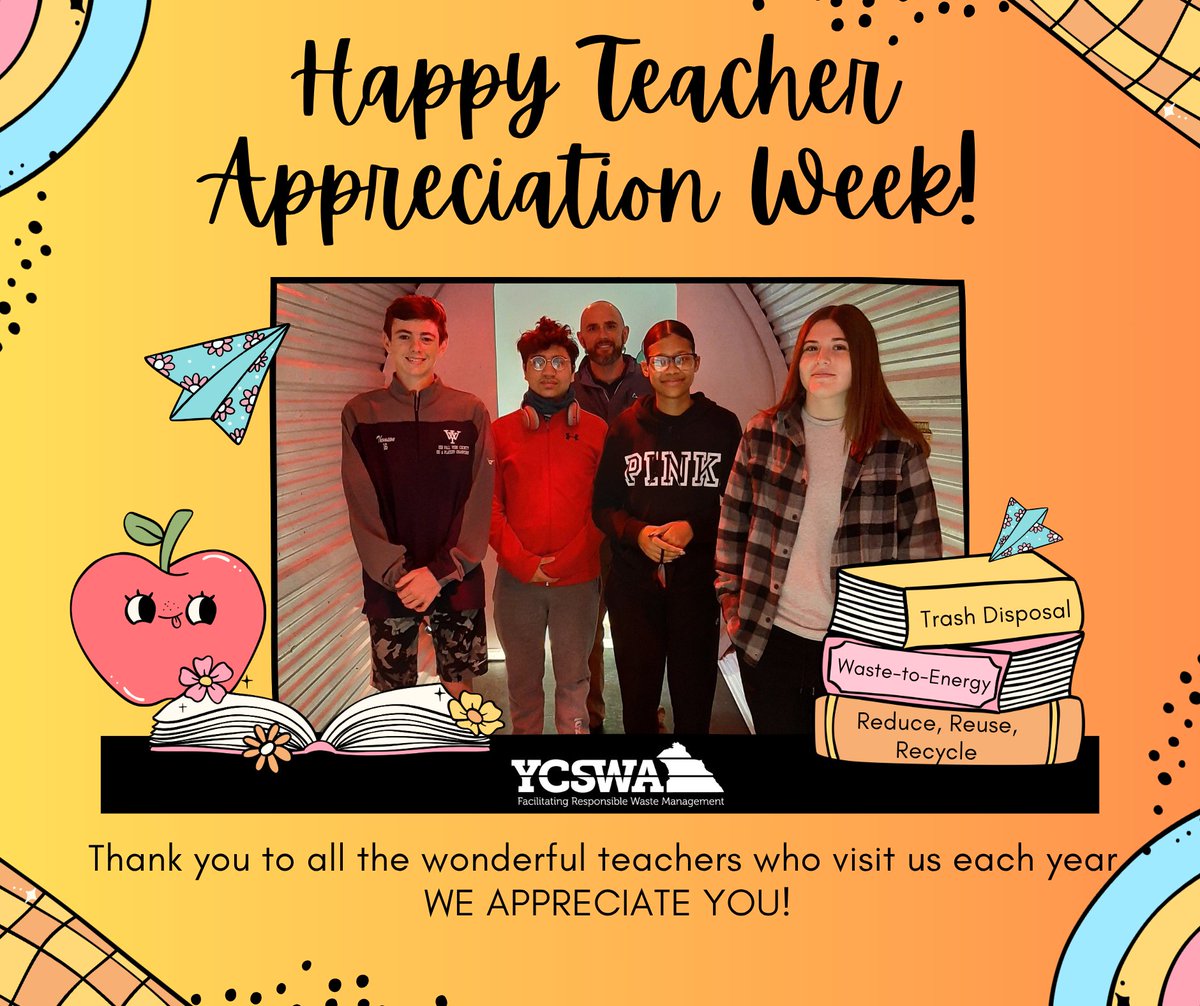 YorkSolid's tweet photo. Happy Teacher Appreciation Week! 
THANK YOU, TEACHERS! None of us could do it without you. We hope you feel special and appreciated this week!
#teacherappreciationweek2026
#keepyorkcountycleanandsafe https://t.co/ZUoSauuhTS