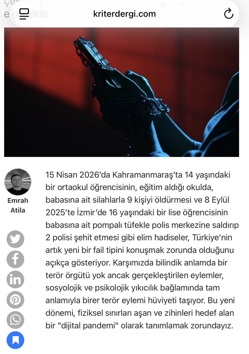 Kriter Dergi’nin Mayıs 2026 sayısında Dijital Pandemi’yi anlatmaya çalıştım.

• Yeni nesil anlaşılabiliyor mu?

• Kahramanmaraş, İzmir ve Edirnekapı Sur eylemlerindeki ortak noktalar neler?

• Saldırıların arka planında televizyon ve diziler mi var? Yoksa sosyal medya
