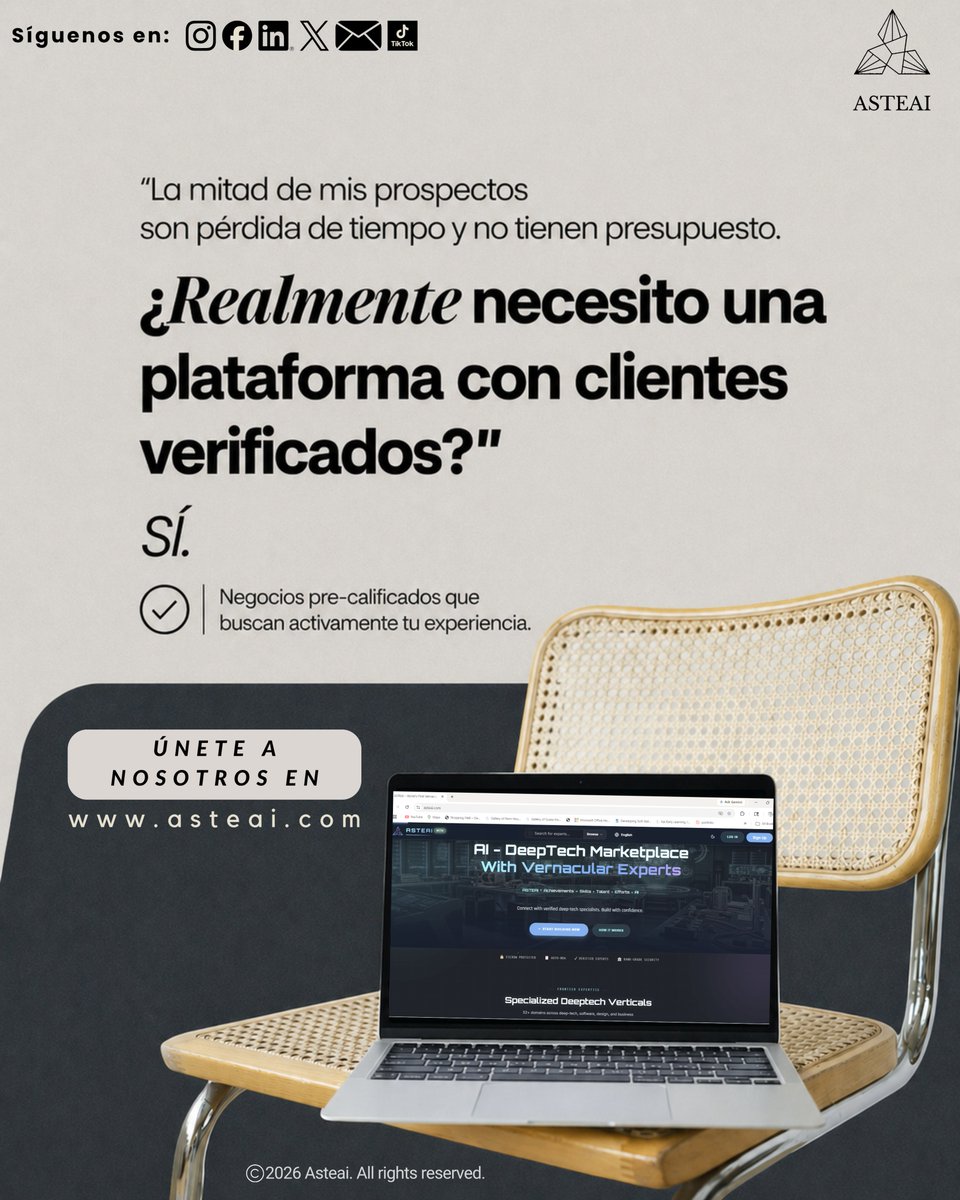 AsteAiAsteAi's tweet image. La mitad de tus leads no son serios.
 ¿Por qué perder tiempo con clientes equivocados?
Accede a empresas pre-calificadas que realmente buscan tu experiencia.
Deja de adivinar. Empieza a cerrar.
👉 Únete ahora: asteai.com
#AsteAI #Freelancers #ClientesVerificados