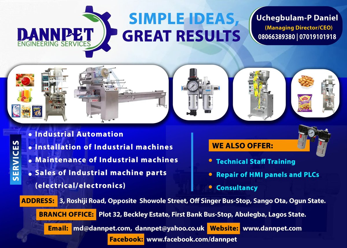 dannpet's tweet photo. @ruffydfire At DANNPET ENGINEERING SERVICES,
We install  and maintain industrial machines 
We repair HMIs and PLCs
We carry our maintenance of Concrete Batching plant 
Sales of packaging machines for granules, powdered and liquid products.
DM for more details https://t.co/R1UCNMLVf4