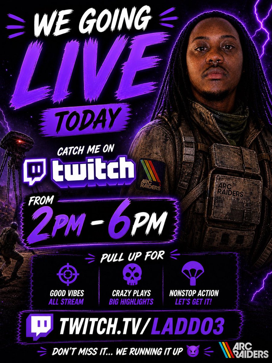 LADDO3gaming's tweet image. 🎮 Catch me on Twitch from 2PM–6PM
🔥 Pull up for good vibes, crazy plays, and nonstop action

💜 twitch.tv/laddo3

Don’t miss it… we running it UP 😈

#TwitchStreamer #LiveStream #Gaming #FYP #ArcRaiders #LiveNow