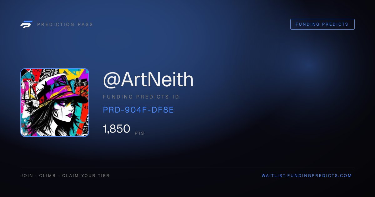 ArtNeith's tweet photo. Just claimed my spot on the @FundingPredicts waitlist. Top 50 = founding access + 30% off a funded account. The race is on.

https://t.co/1U4zvPn3XR https://t.co/CedWxmm99h