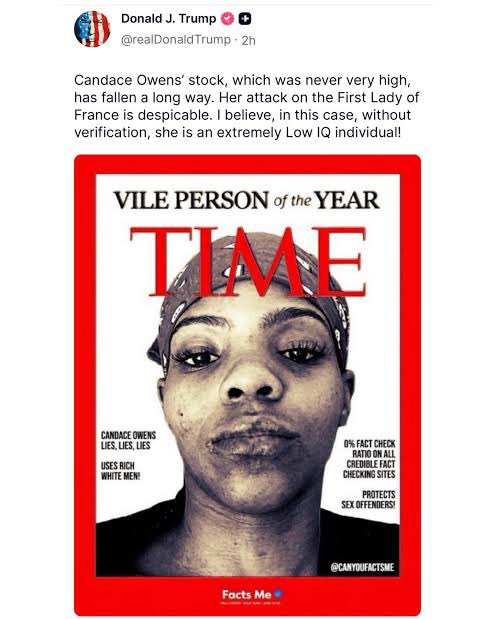 musiccritic4U's tweet image. #PresidentTrump calls #CandaceOwens an “extremely low IQ individual” and “vile” person of the year pictured on the cover of #Time magazine #tv #radio #uk