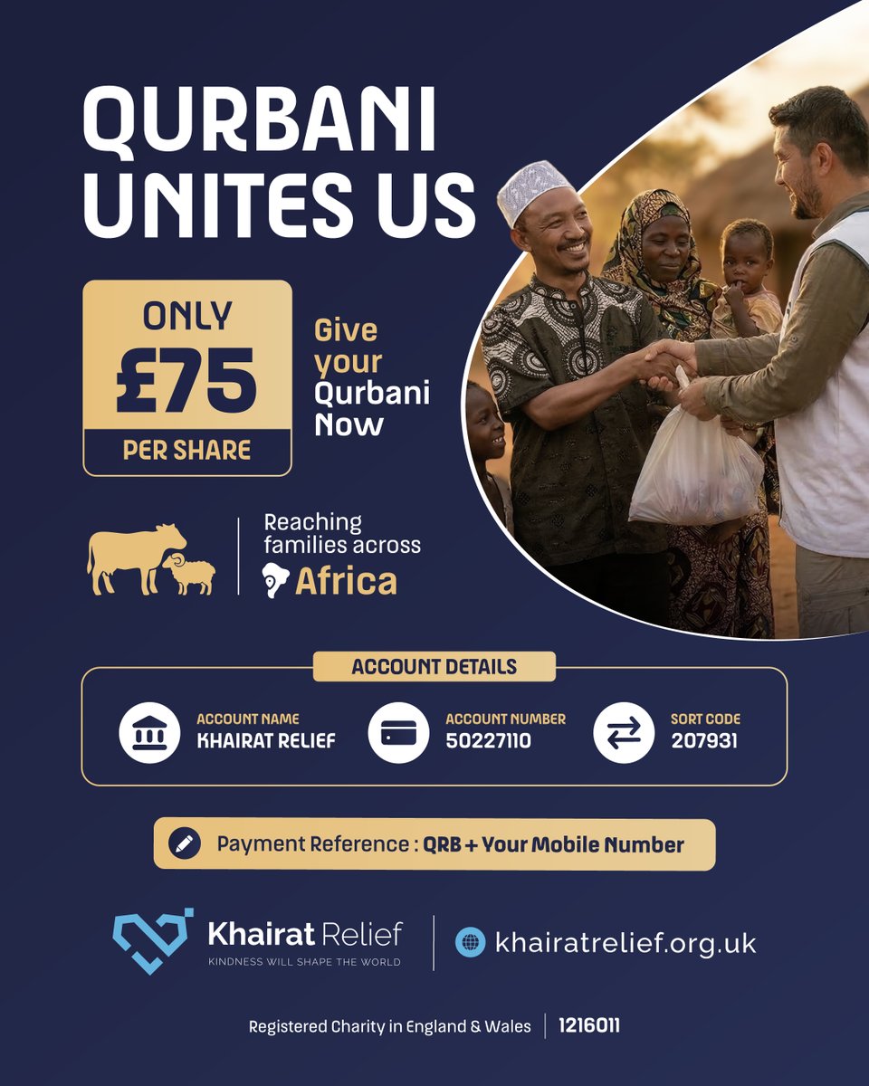 KhairatRelief's tweet photo. Qurbani unites us 🤍
Give your Qurbani. Share the blessings.

👉 https://t.co/hbNL7AEAHX
#Qurbani #EidAlAdha https://t.co/0rkcKIyI6T
